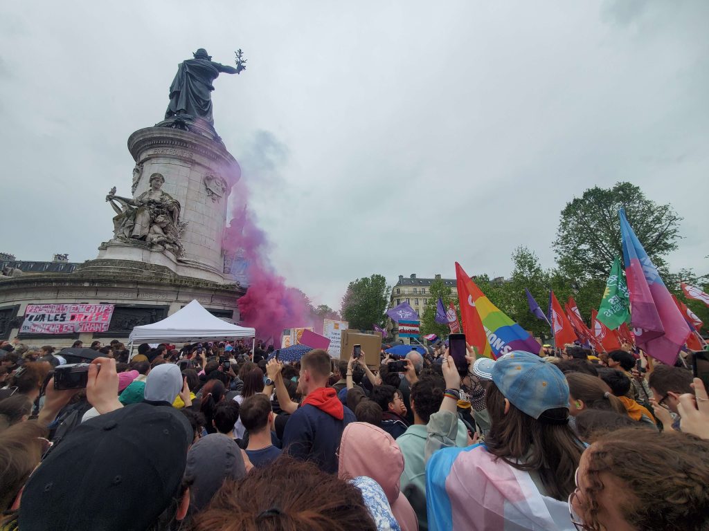 Manifestation du 5 mai 2024, place de la République à Paris pour défendre les droits des personnes trans, dans le cadre de la "riposte trans et féministe" Crédit photo : Antoine Allart
